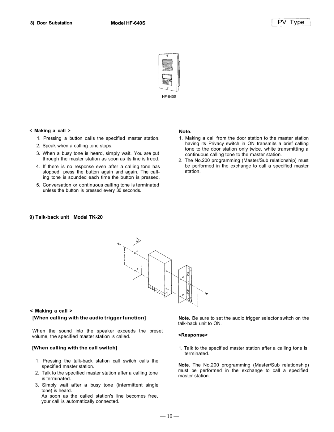 TOA Electronics CP-66 operating instructions When calling with the call switch, Response, Door Substation Model HF-640S 