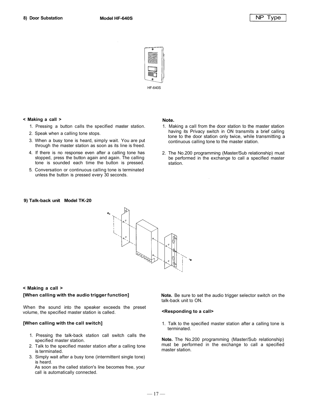 TOA Electronics CP-66 operating instructions Door Substation, Model HF-640S 