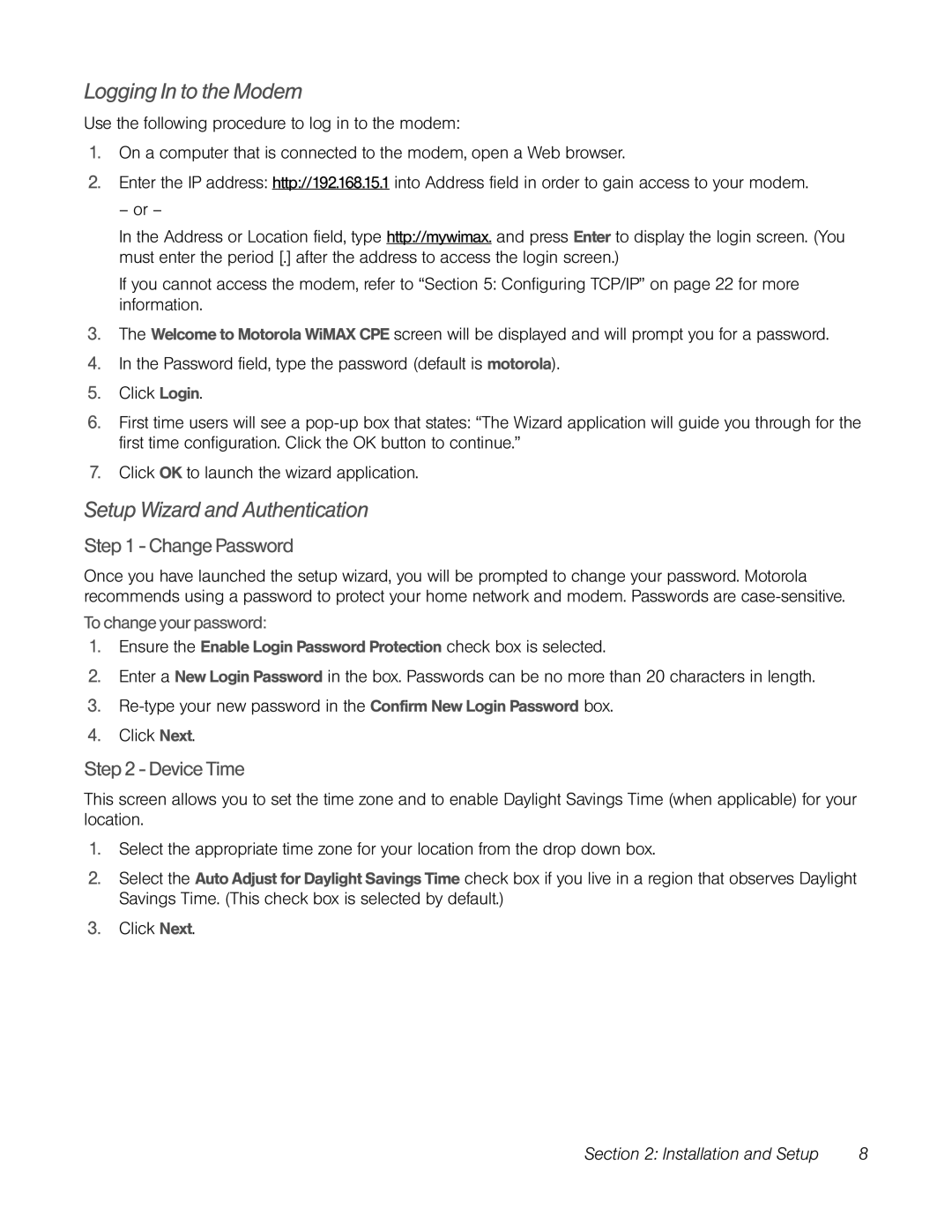 TOA Electronics CPEI 25150 manual Logging In to the Modem, Setup Wizard and Authentication 