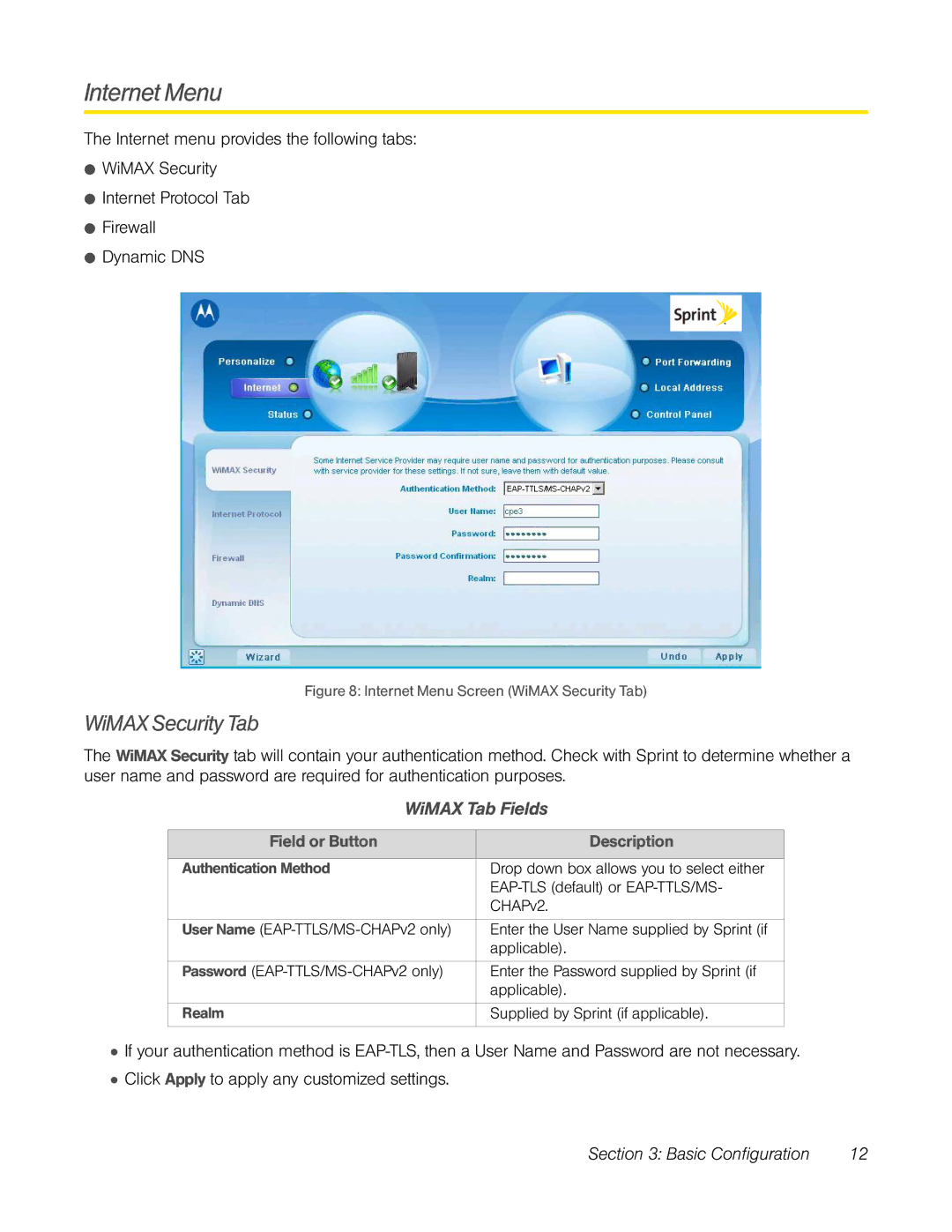 TOA Electronics CPEI 25150 manual Internet Menu, WiMAX Security Tab, WiMAX Tab Fields, Authentication Method, Realm 