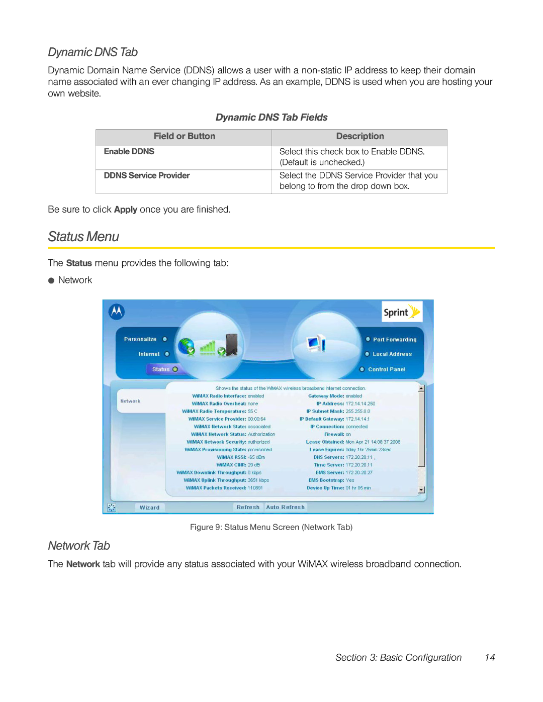 TOA Electronics CPEI 25150 manual Status Menu, Network Tab, Dynamic DNS Tab Fields 