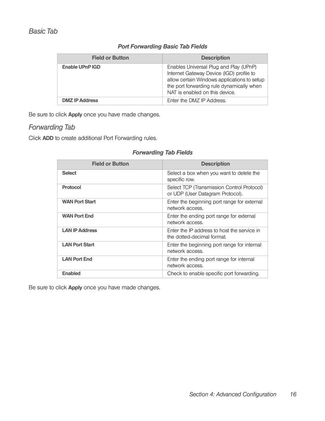 TOA Electronics CPEI 25150 manual Port Forwarding Basic Tab Fields, Forwarding Tab Fields 