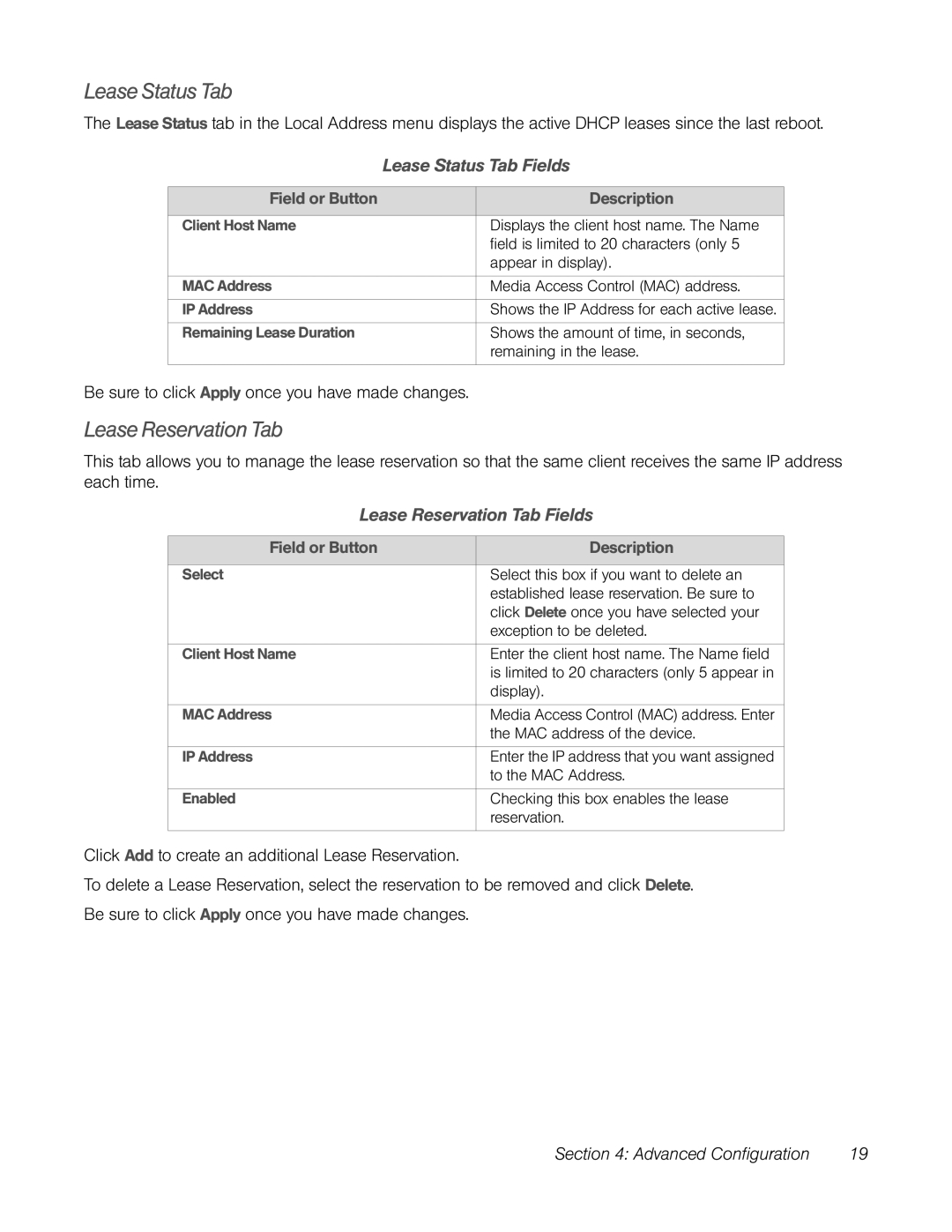 TOA Electronics CPEI 25150 manual Lease Status Tab Fields, Lease Reservation Tab Fields 