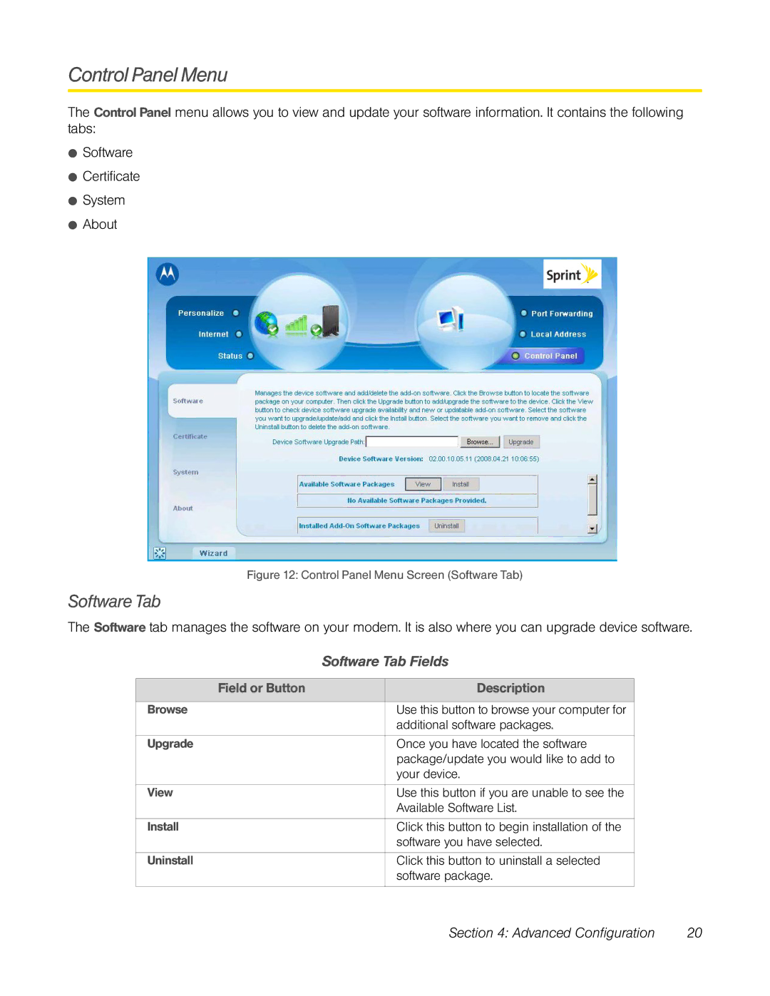 TOA Electronics CPEI 25150 manual Control Panel Menu, Software Tab Fields 