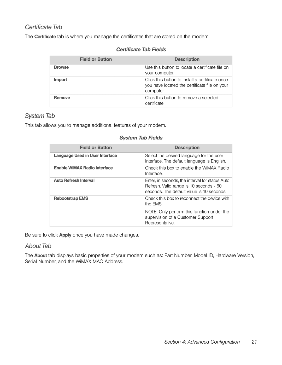 TOA Electronics CPEI 25150 manual About Tab, Certificate Tab Fields, System Tab Fields 