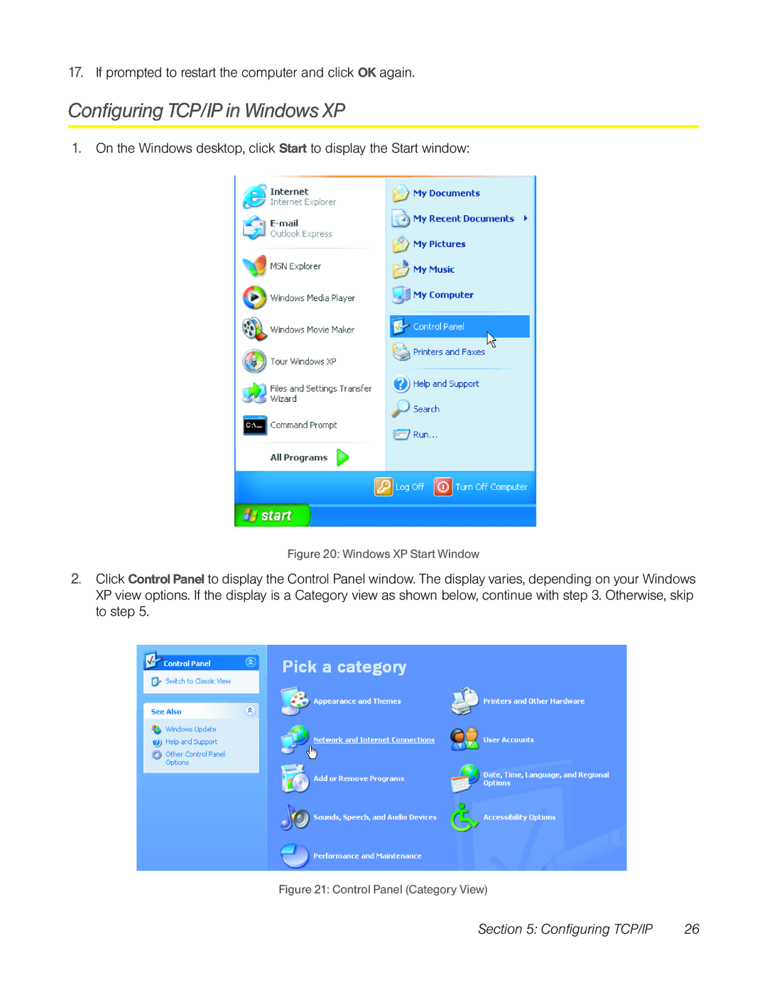 TOA Electronics CPEI 25150 manual Configuring TCP/IP in Windows XP, Windows XP Start Window 