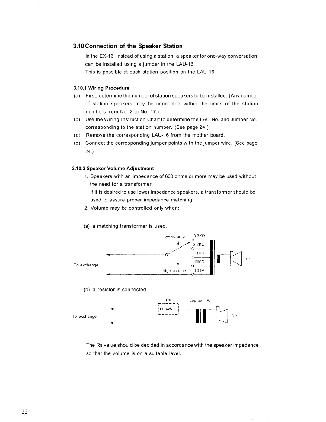 TOA Electronics EX-16 manual Connection of the Speaker Station, Speaker Volume Adjustment 