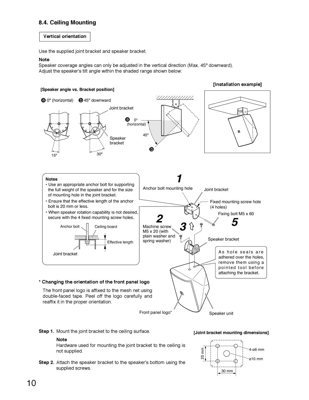 TOA Electronics F-1000WTWP, F-1000B Ceiling Mounting, Vertical orientation, Mount the joint bracket to the ceiling surface 