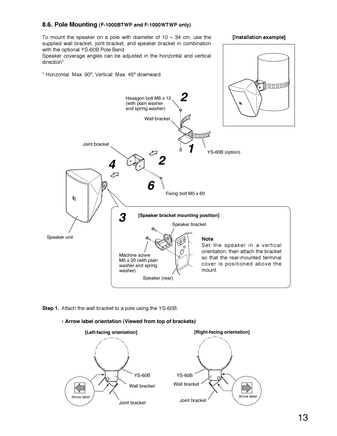 TOA Electronics Pole Mounting F-1000BTWP and F-1000WTWP only, Arrow label orientation Viewed from top of brackets 