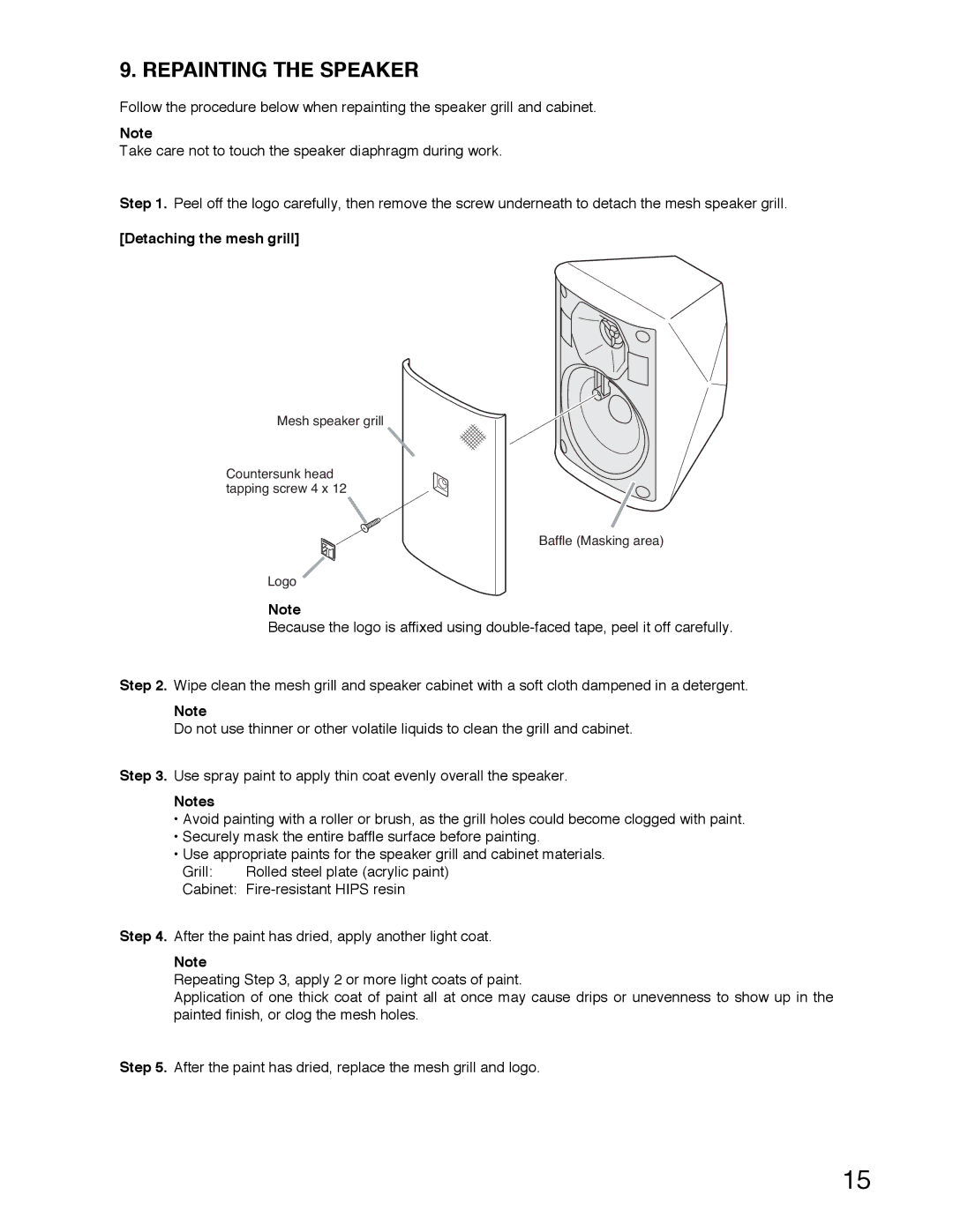 TOA Electronics F-1000WTWP, F-1000BTWP operating instructions Repainting the Speaker, Detaching the mesh grill 