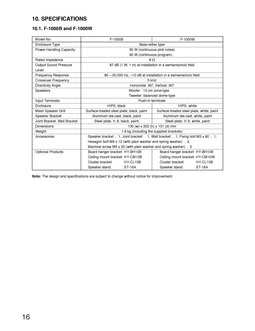 TOA Electronics F-1000WTWP, F-1000BTWP operating instructions Specifications, 10.1. F-1000B and F-1000W 