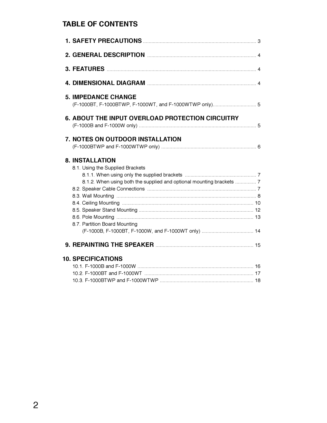 TOA Electronics F-1000WTWP, F-1000BTWP operating instructions Table of Contents 