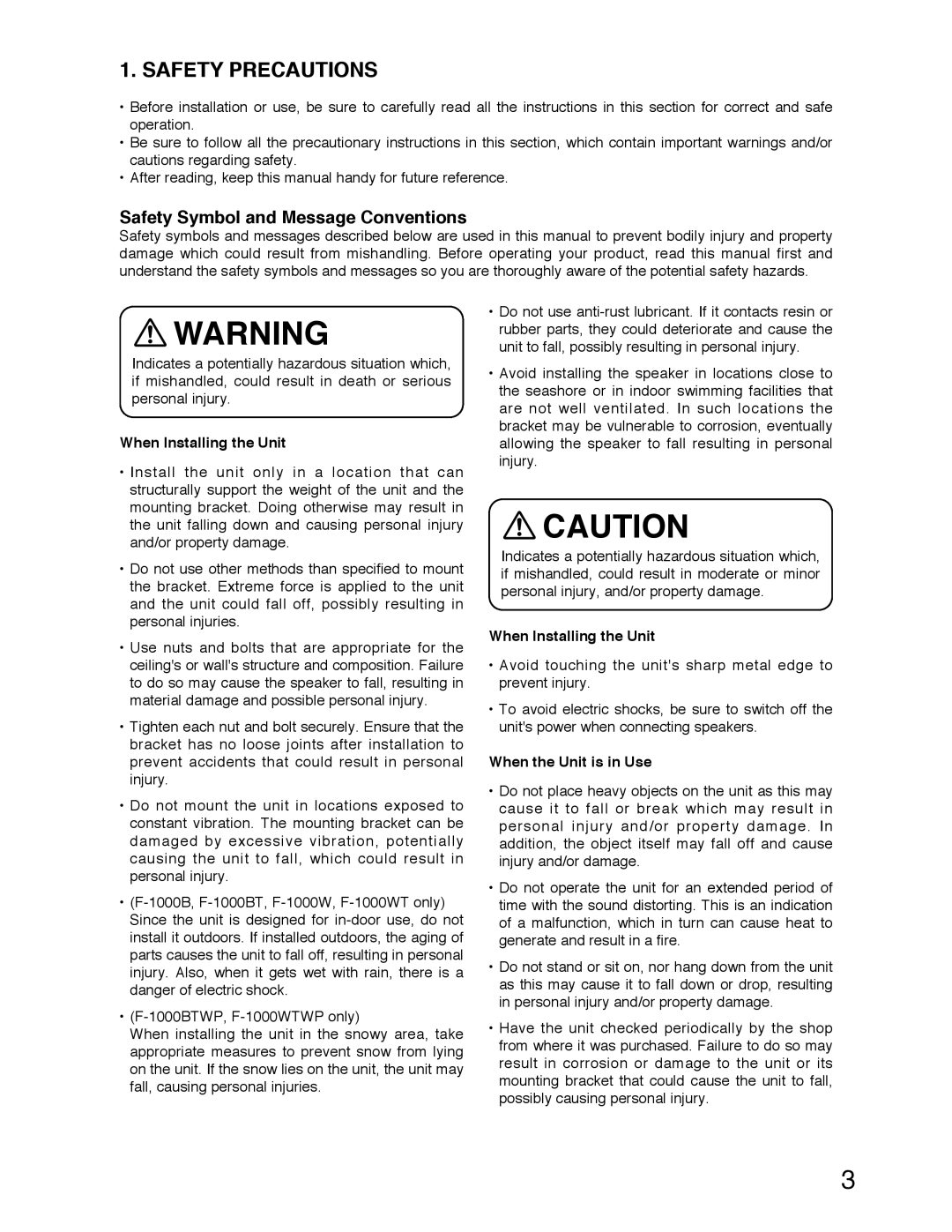 TOA Electronics F-1000WT, F-1000B Safety Precautions, Safety Symbol and Message Conventions, When Installing the Unit 