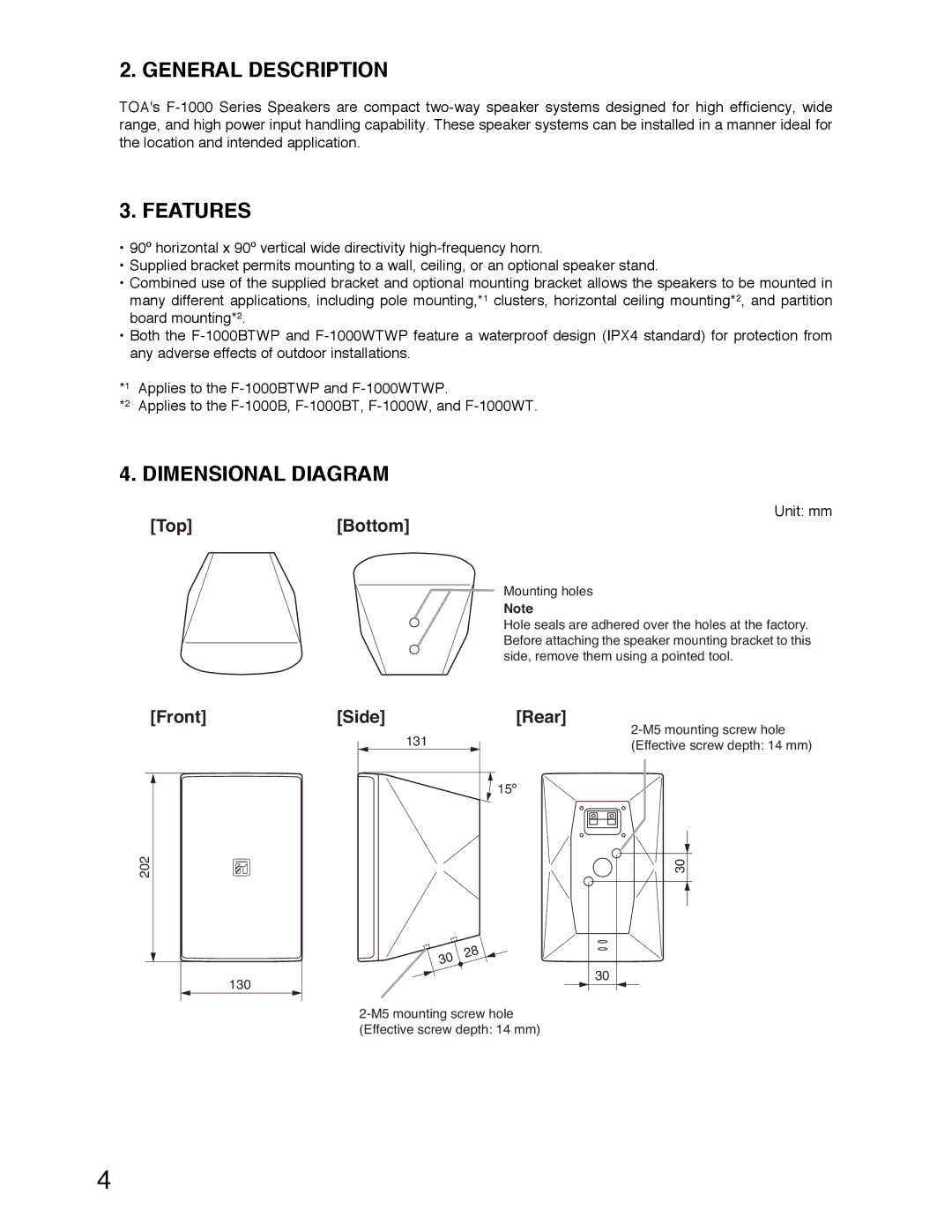 TOA Electronics F-1000WTWP, F-1000BTWP operating instructions General Description, Features, Dimensional Diagram 