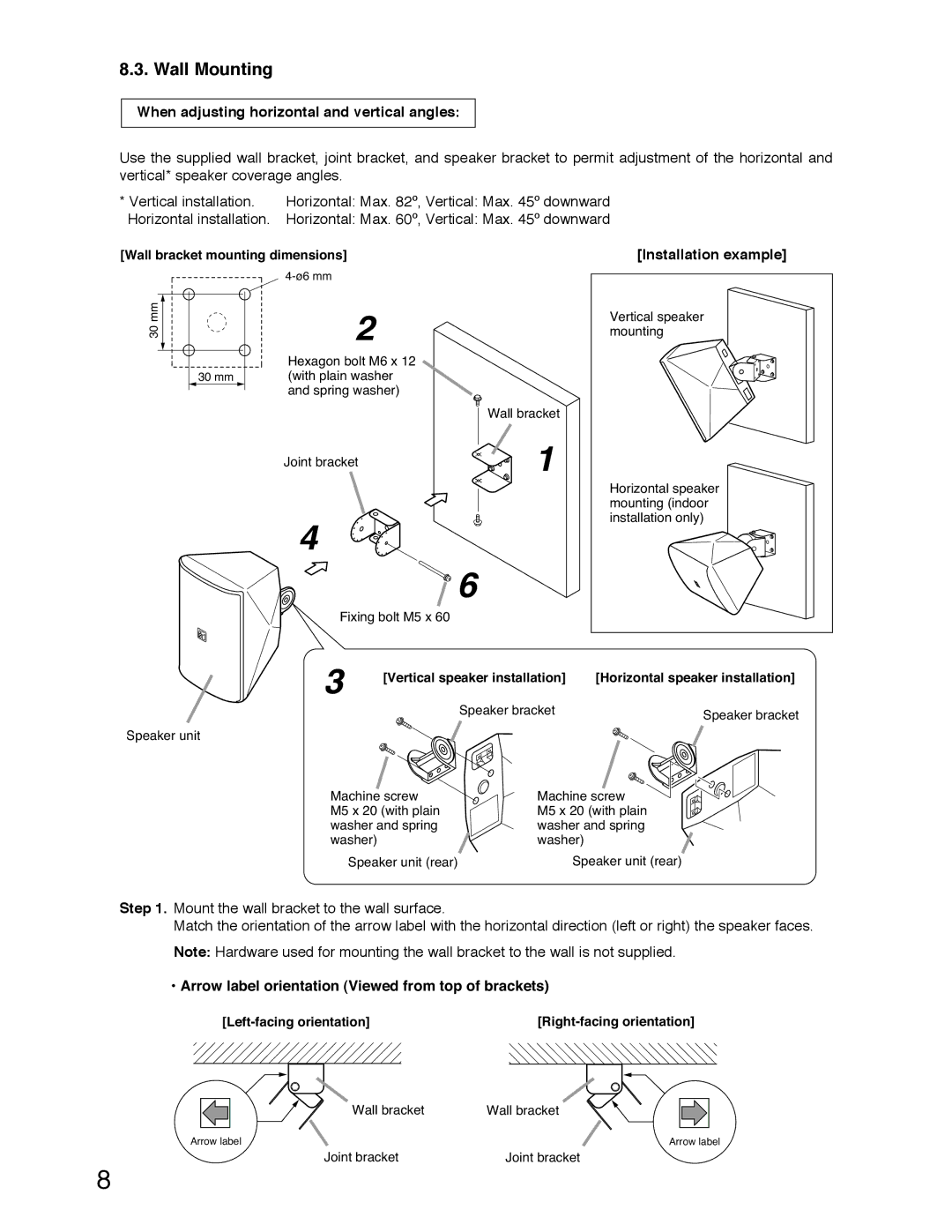 TOA Electronics F-1000WTWP, F-1000BTWP Wall Mounting, When adjusting horizontal and vertical angles 