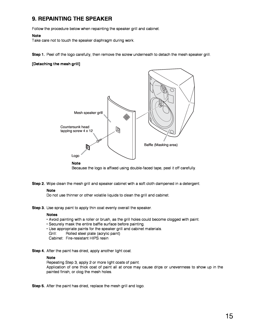 TOA Electronics F-1000WTWP, F-1000BTWP operating instructions Repainting The Speaker, Detaching the mesh grill 