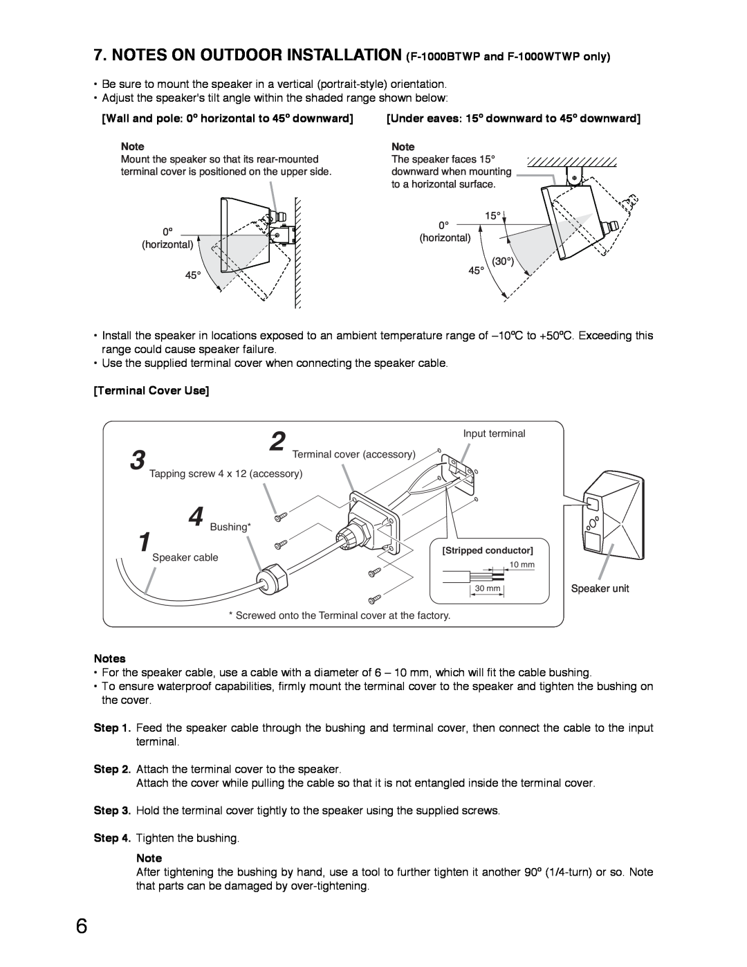 TOA Electronics operating instructions NOTES ON OUTDOOR INSTALLATION F-1000BTWP and F-1000WTWP only, Terminal Cover Use 