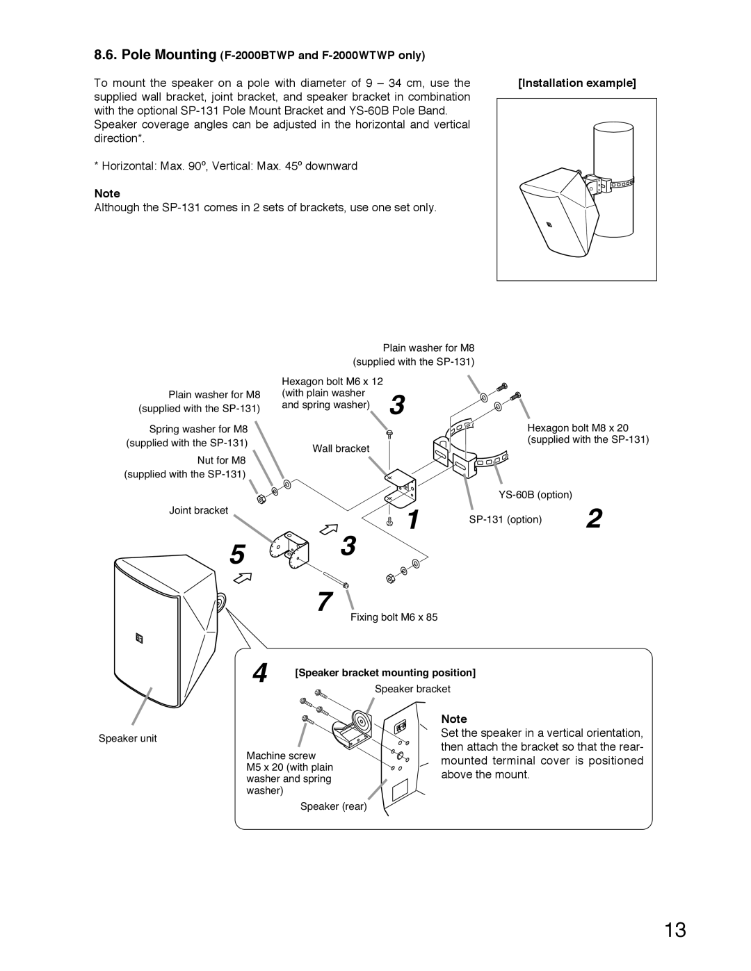 TOA Electronics operating instructions Pole Mounting F-2000BTWP and F-2000WTWP only, Speaker bracket mounting position 