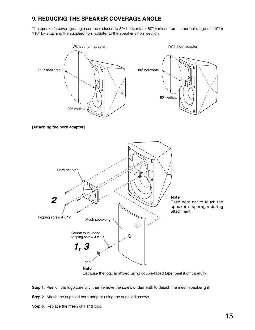 TOA Electronics F-2000BTWP, F-2000WTWP Reducing the Speaker Coverage Angle, Attaching the horn adapter 