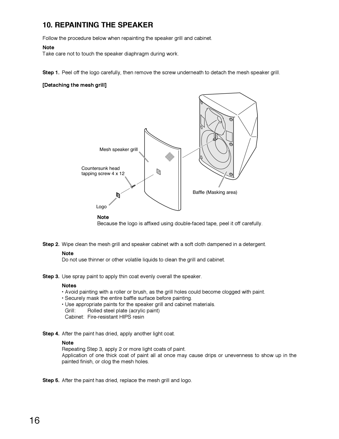 TOA Electronics F-2000BTWP, F-2000WTWP operating instructions Repainting the Speaker, Detaching the mesh grill 