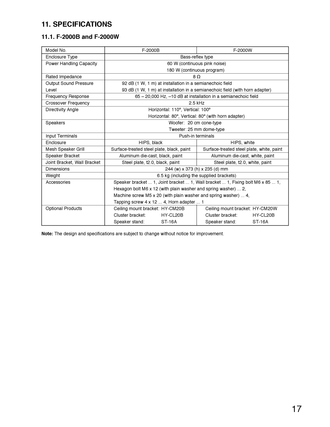 TOA Electronics F-2000WTWP, F-2000BTWP operating instructions Specifications, 11.1. F-2000B and F-2000W 