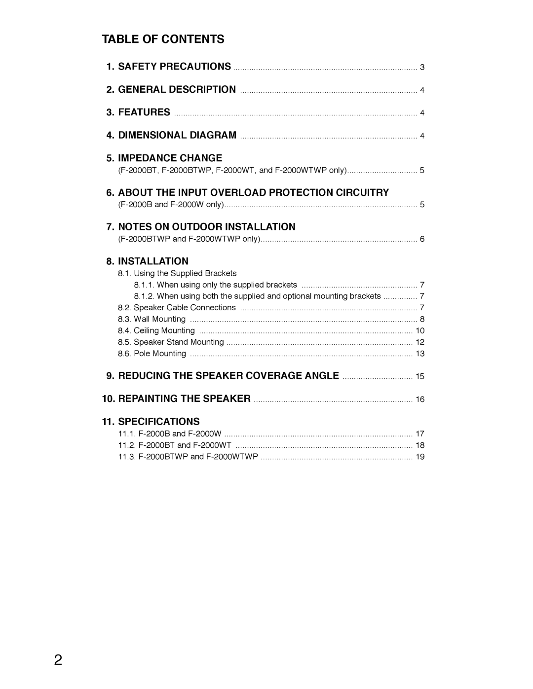 TOA Electronics F-2000BTWP, F-2000WTWP operating instructions Table of Contents 