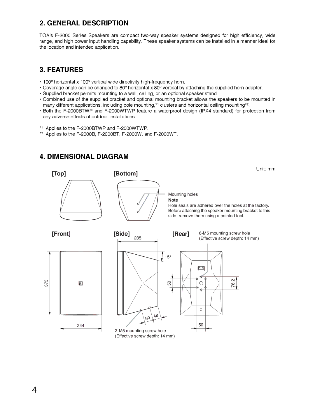 TOA Electronics F-2000BTWP, F-2000WTWP operating instructions General Description, Features, Dimensional Diagram 