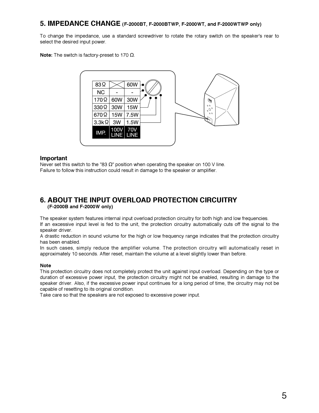 TOA Electronics F-2000WTWP, F-2000BTWP About the Input Overload Protection Circuitry, 2000B and F-2000W only 