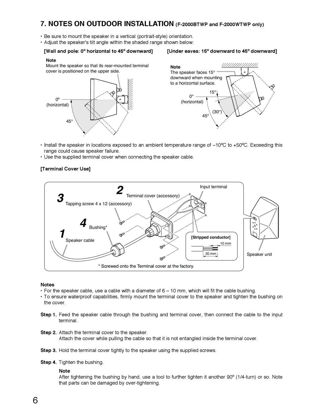 TOA Electronics F-2000B, F-2000WT Wall and pole 0º horizontal to 45º downward, Under eaves 15º downward to 45º downward 