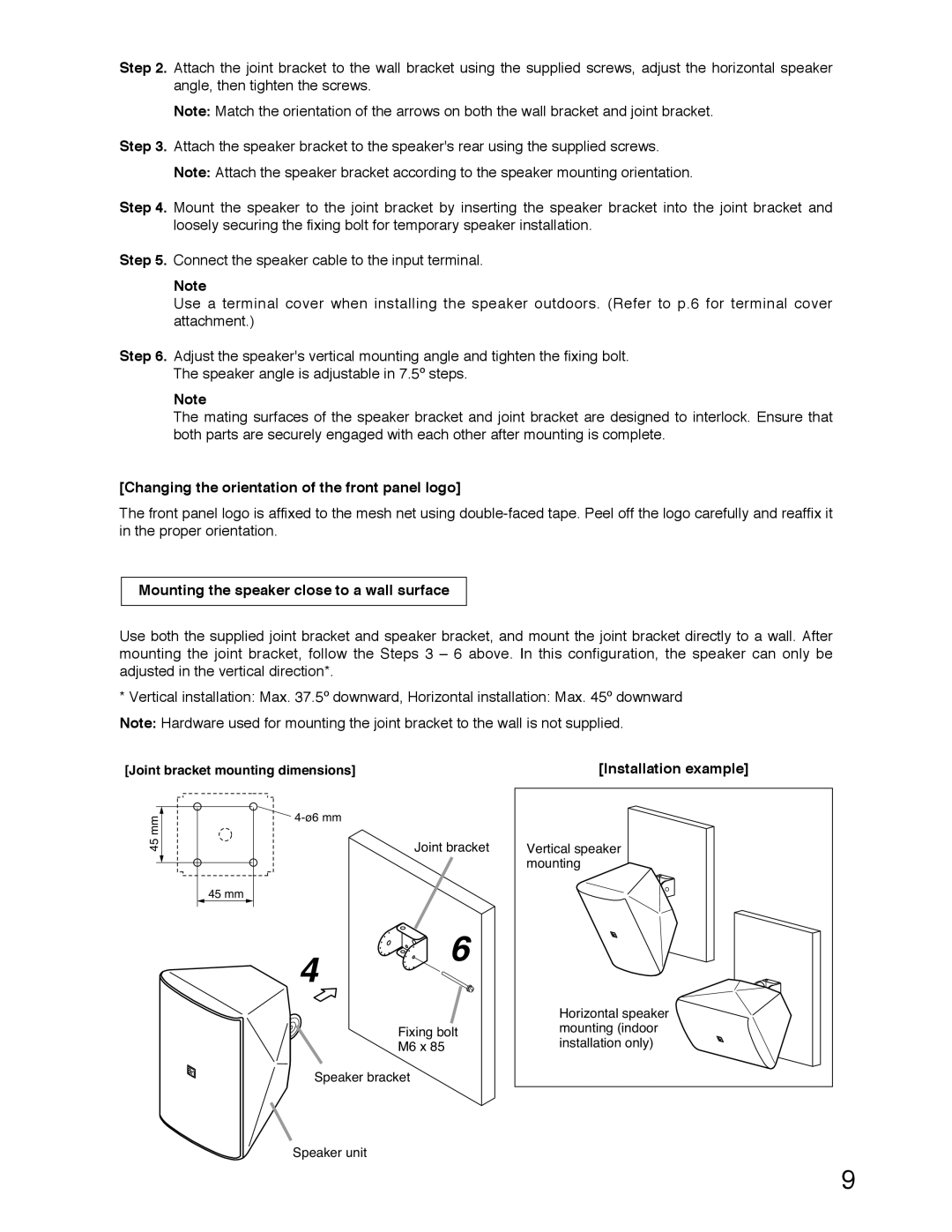 TOA Electronics F-2000W Changing the orientation of the front panel logo, Mounting the speaker close to a wall surface 