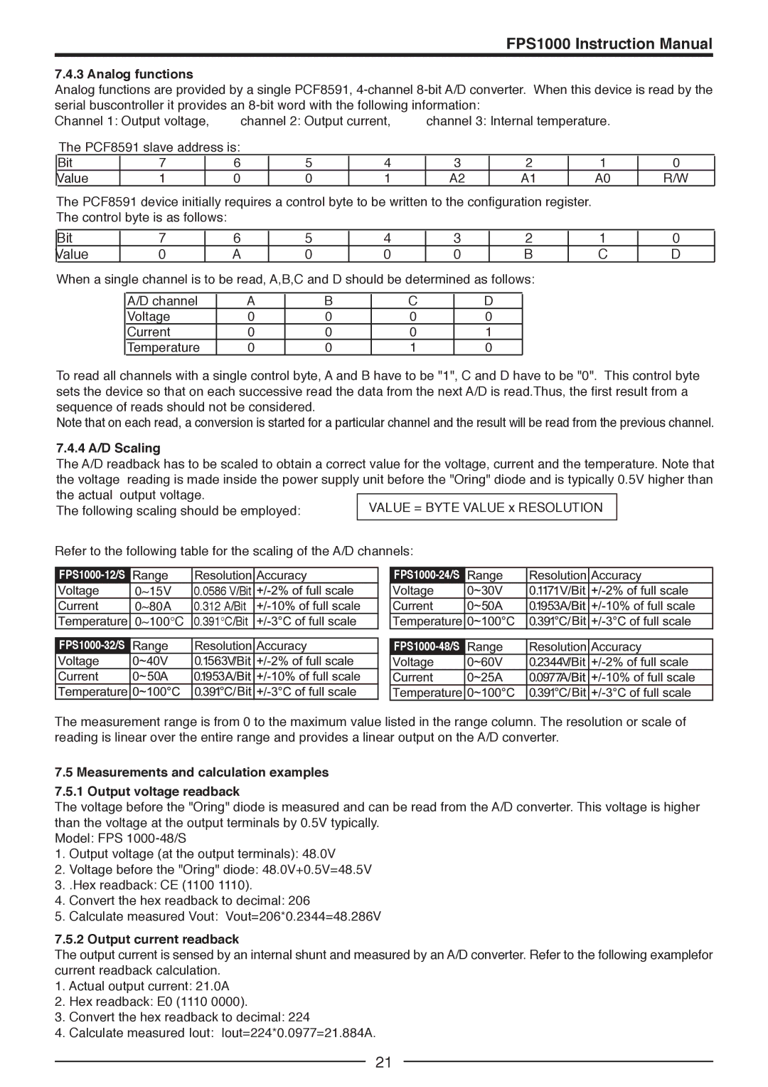 TOA Electronics FPS1000-24, FPS1000-12, FPS1000-32, FPS-S1U, FPS-T1U Analog functions, 4 A/D Scaling, Output current readback 