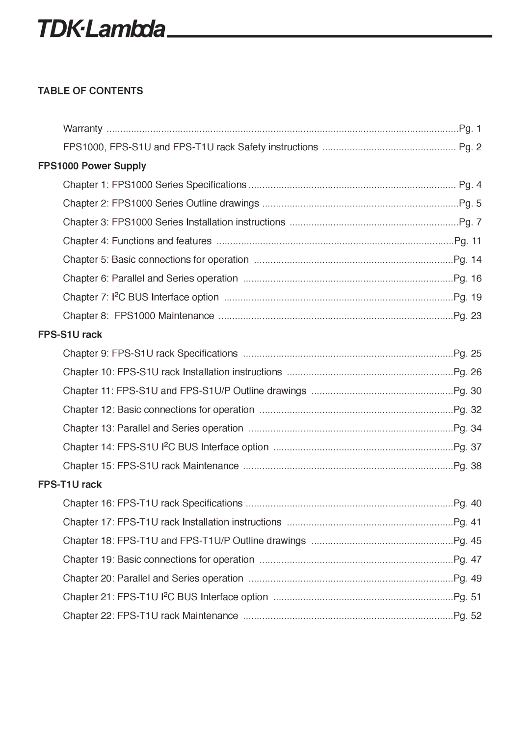 TOA Electronics FPS-S1U, FPS1000-24, FPS1000-12, FPS1000-32, FPS-T1U, FPS1000-48 instruction manual Table of Contents 