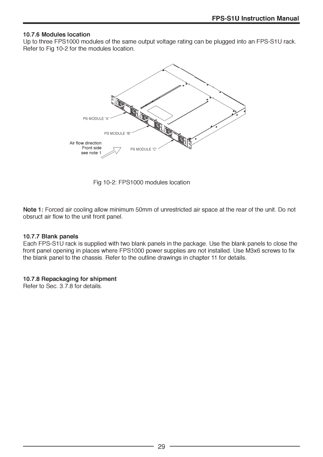 TOA Electronics FPS1000-32, FPS1000-24, FPS1000-12, FPS-S1U, FPS-T1U, FPS1000-48 Modules location, Blank panels 