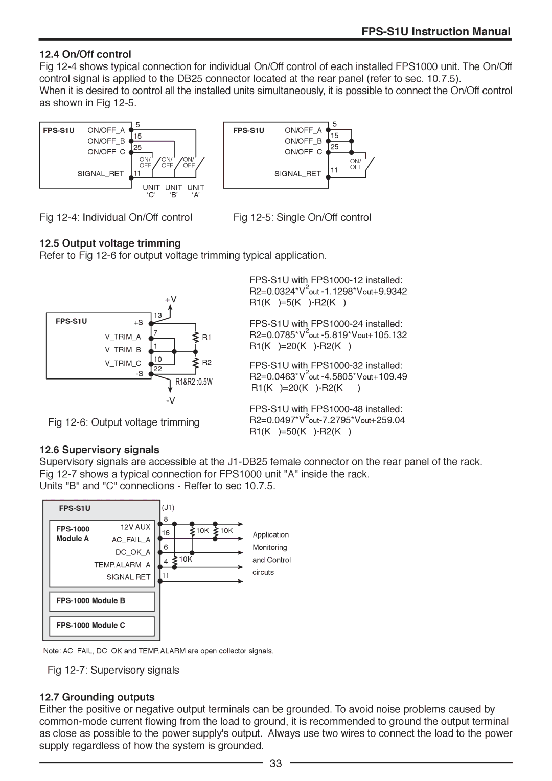 TOA Electronics FPS1000-24, FPS1000-12, FPS1000-32 12.4 On/Off control, Output voltage trimming, Supervisory signals 