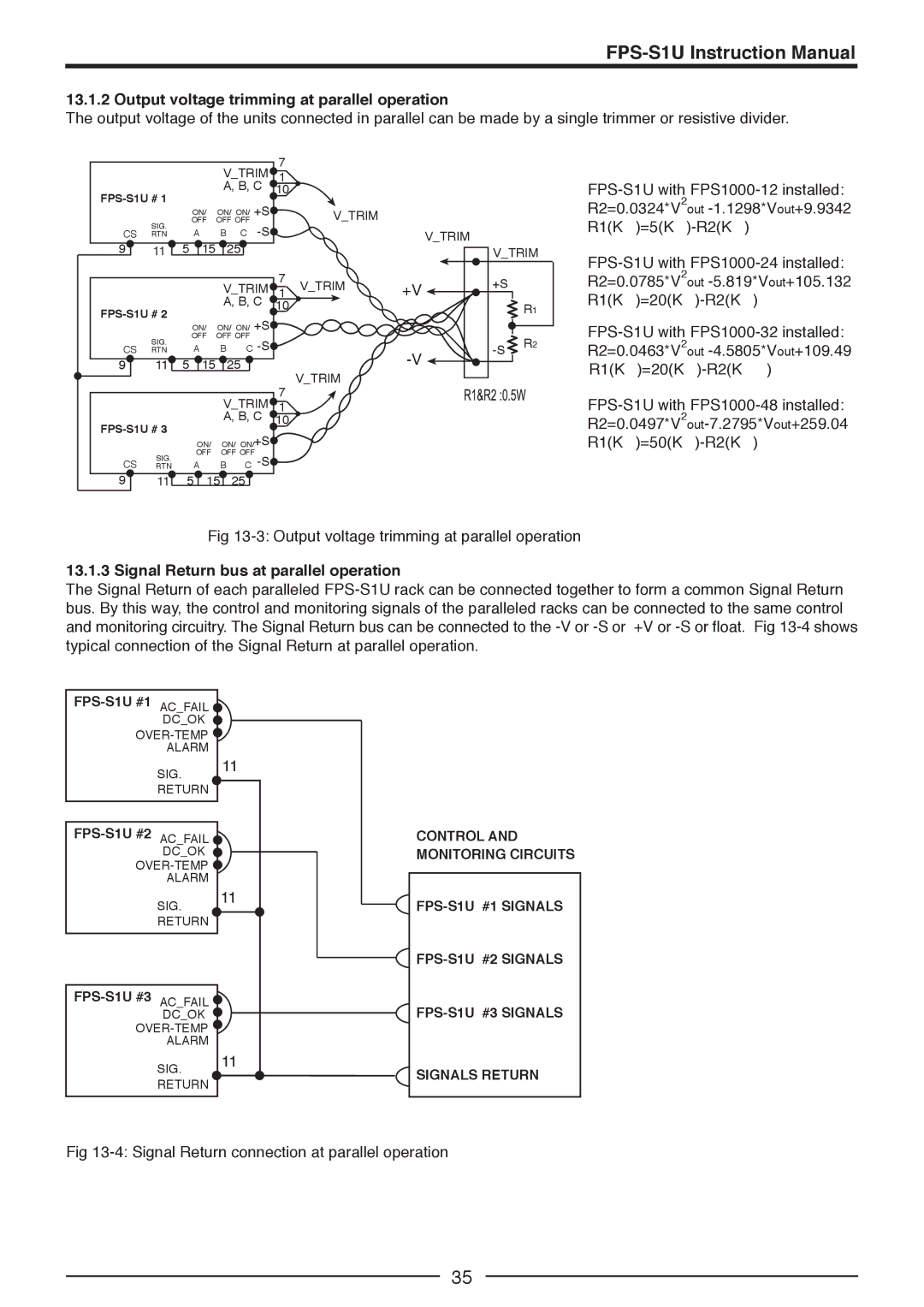 TOA Electronics FPS1000-32, FPS-S1U Output voltage trimming at parallel operation, Signal Return bus at parallel operation 