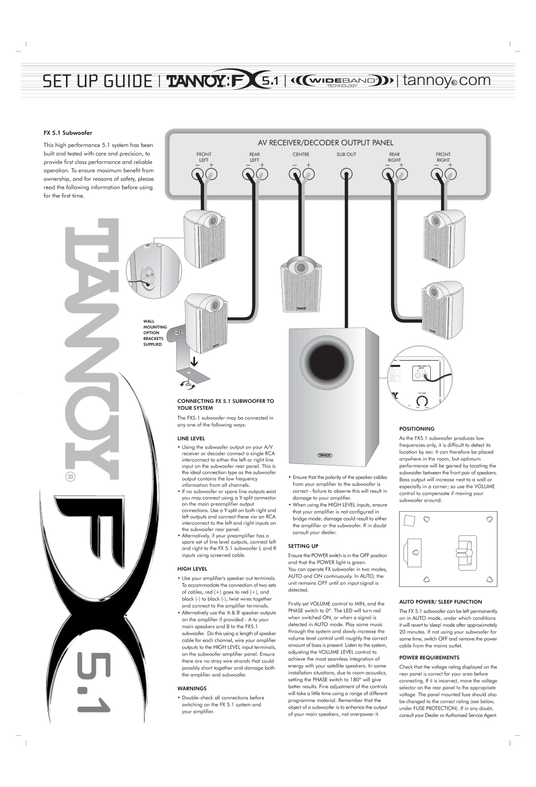 TOA Electronics manual Connecting FX 5.1 Subwoofer to Your System, Line Level, High Level, Setting UP, Positioning 