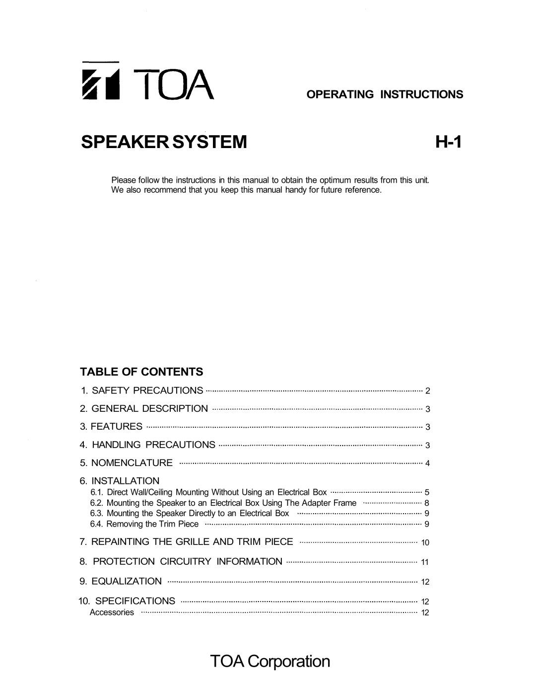 TOA Electronics H-1 specifications Operating Instructions, Table of Contents 