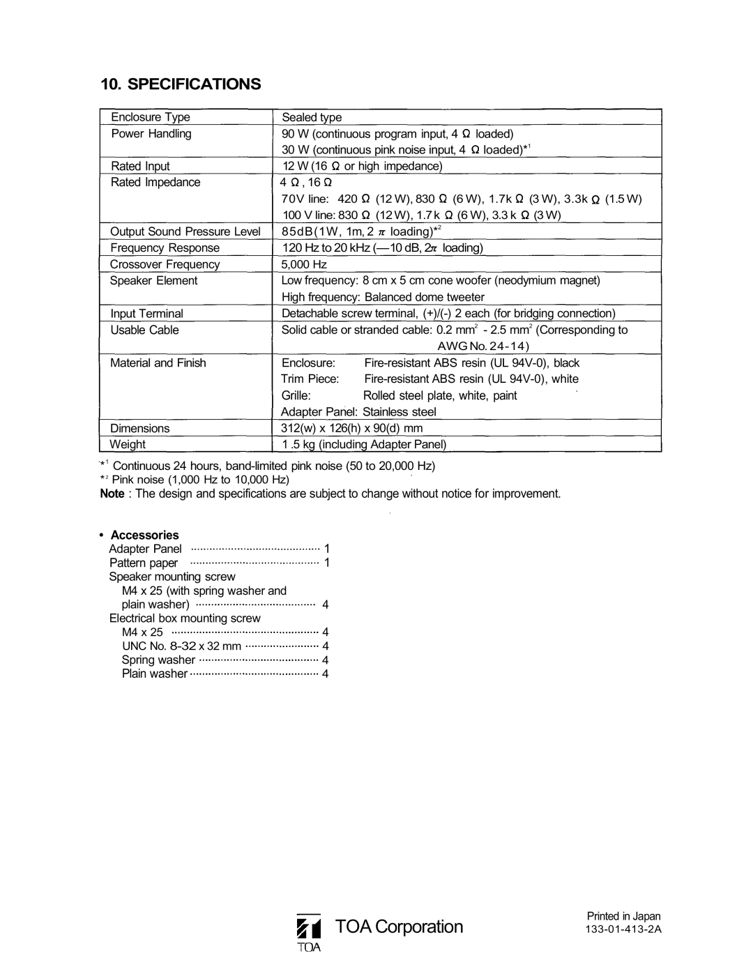 TOA Electronics H-1 specifications Specifications, Accessories 