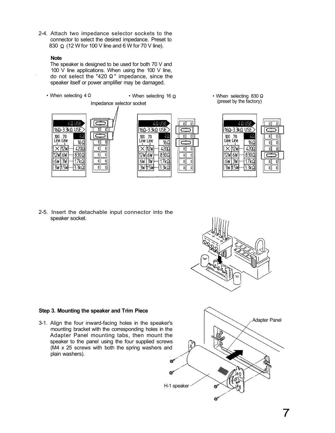 TOA Electronics H-1 specifications Connector to select the desired impedance. Preset to, Speaker socket, Plain washers 