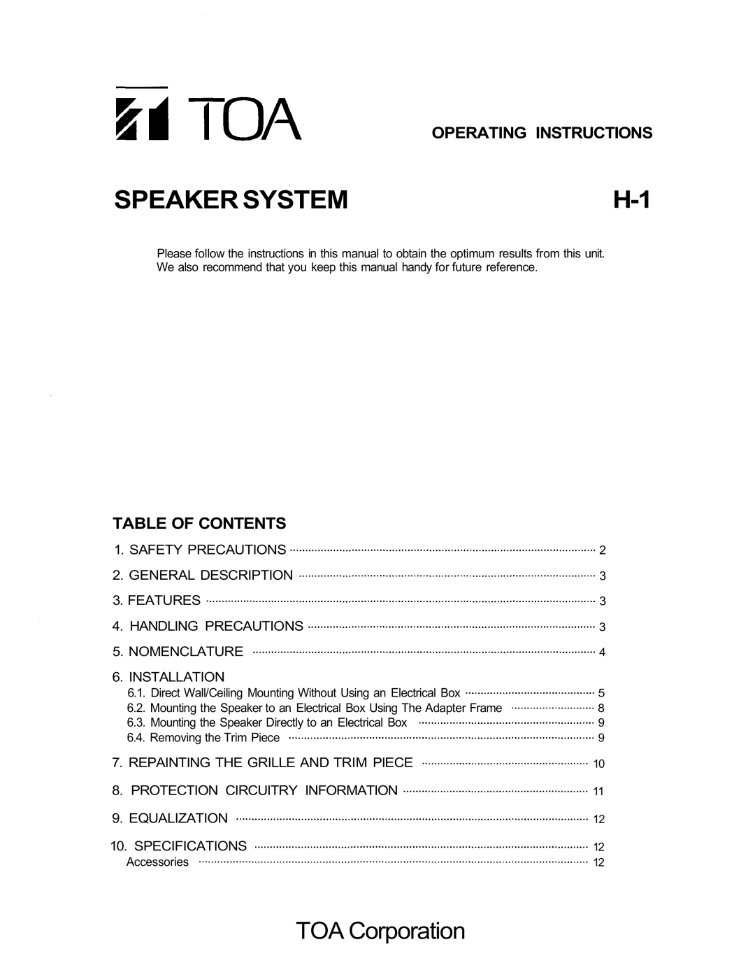 TOA Electronics specifications Operating Instructions, Table Of Contents, SPEAKER SYSTEMH-1, TOA Corporation 