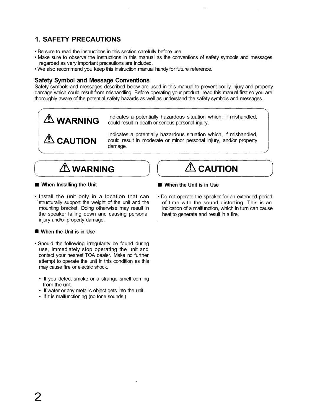 TOA Electronics H-1 Safety Precautions, Safety Symbol and Message Conventions, When Installing the Unit, Warningcaution 