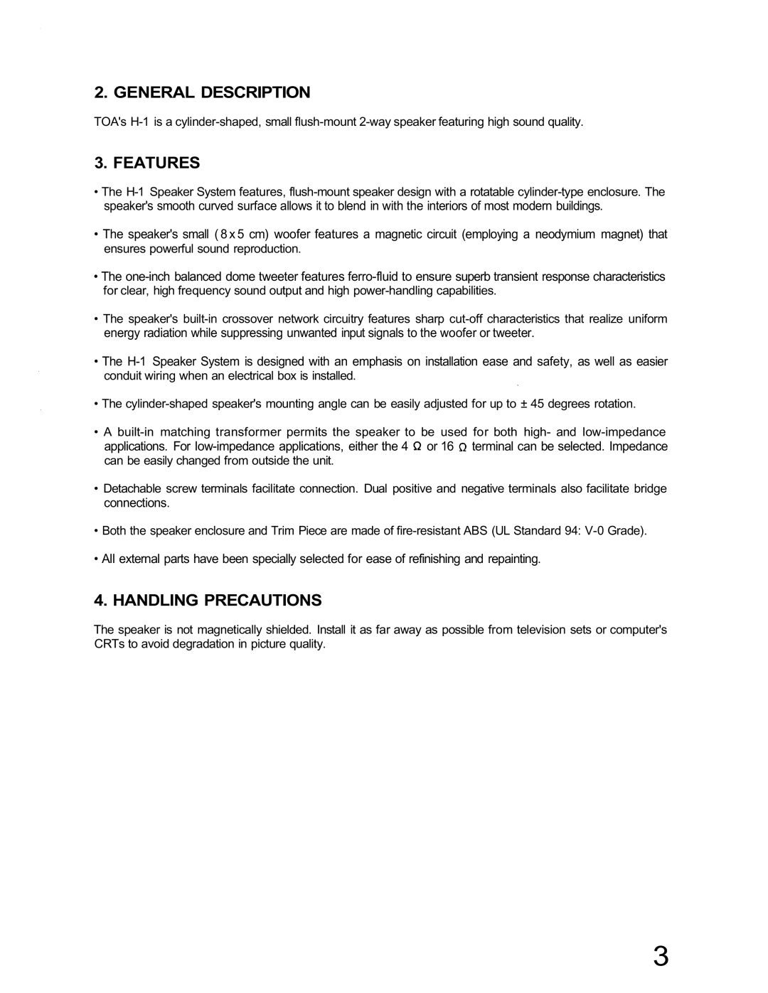 TOA Electronics H-1 specifications General Description, Features, Handling Precautions 