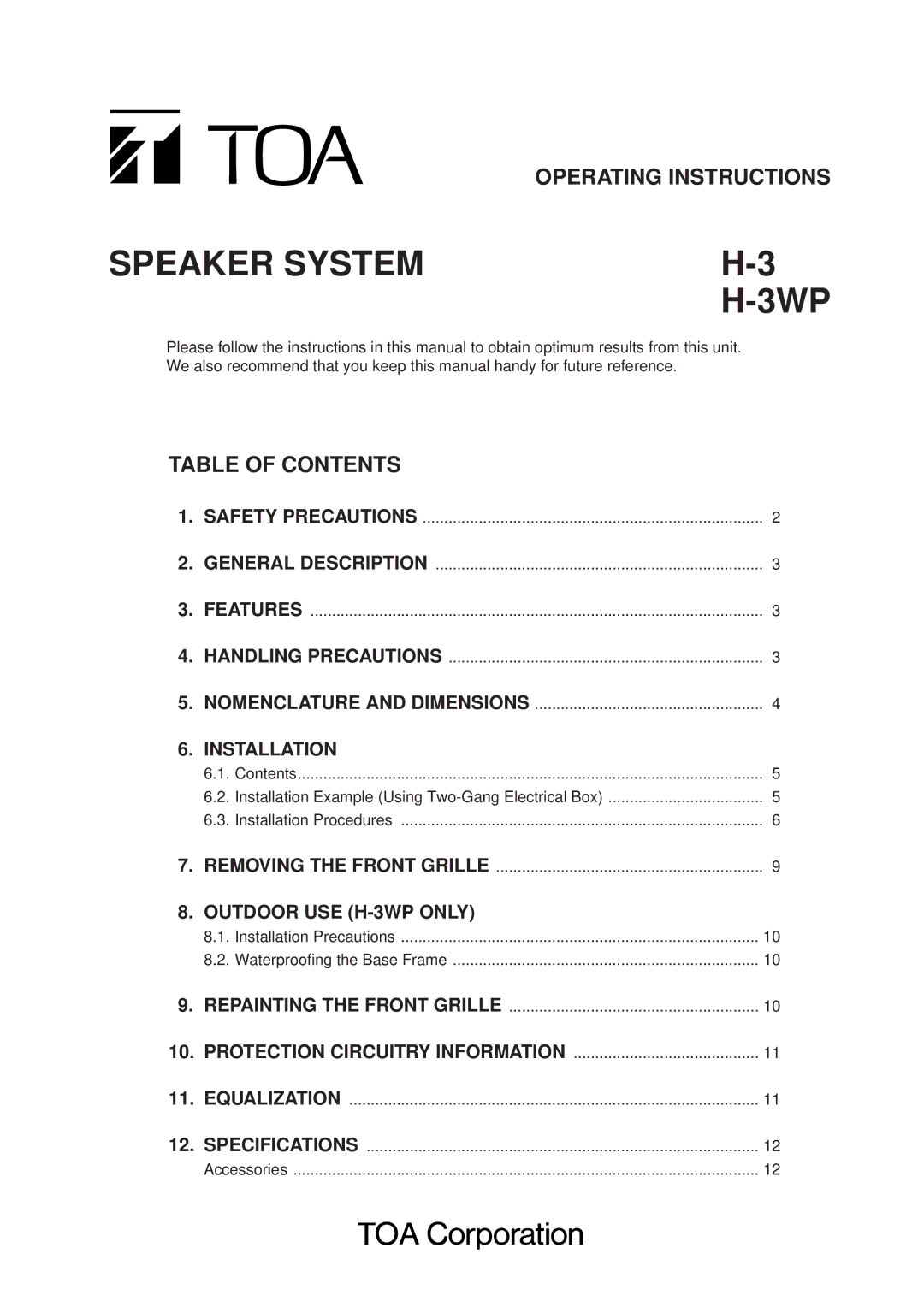 TOA Electronics H-3WP operating instructions Operating Instructions, Table of Contents 