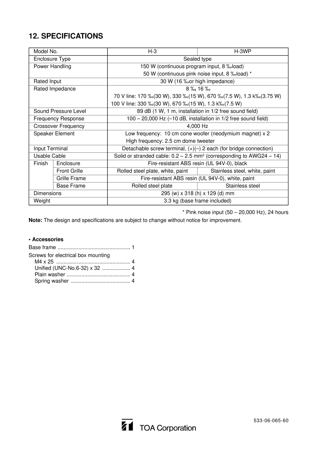 TOA Electronics H-3WP operating instructions Specifications, Accessories 