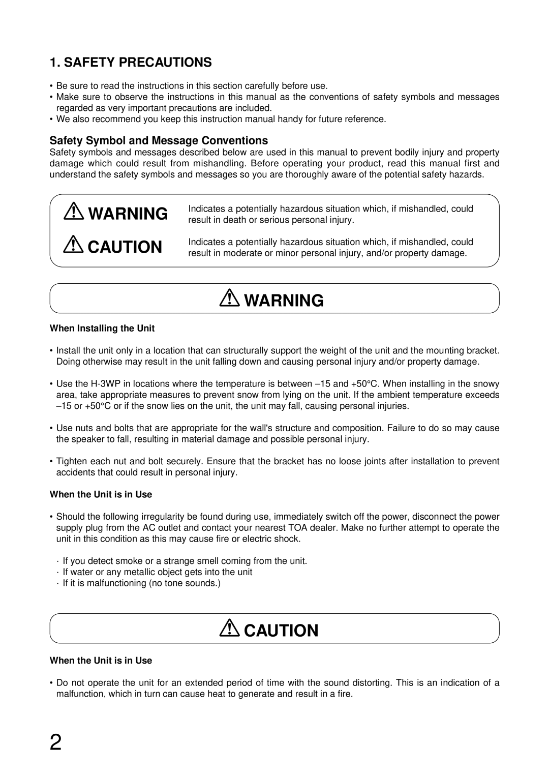 TOA Electronics H-3WP Safety Precautions, Safety Symbol and Message Conventions, When Installing the Unit 