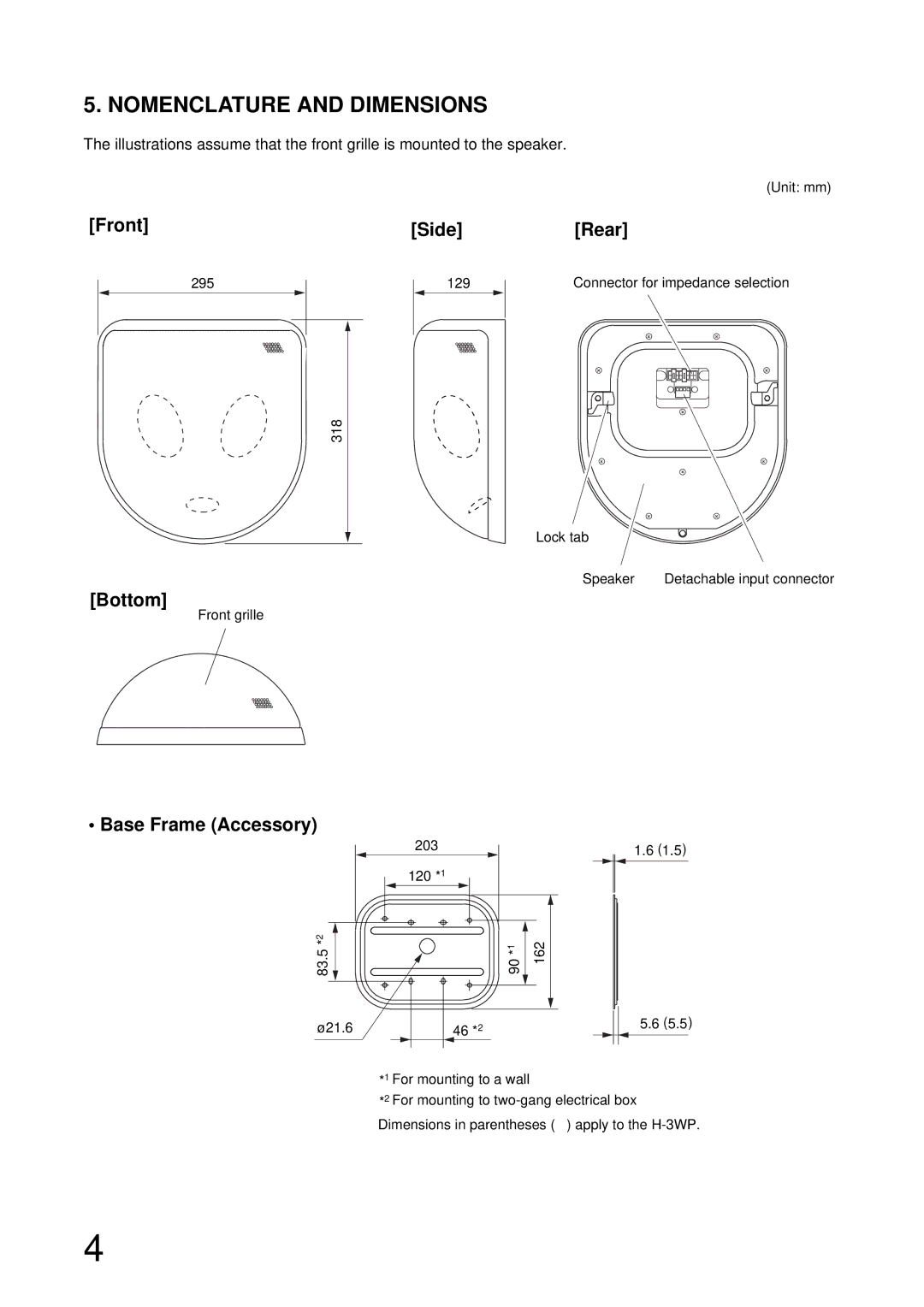 TOA Electronics H-3WP operating instructions Nomenclature and Dimensions 