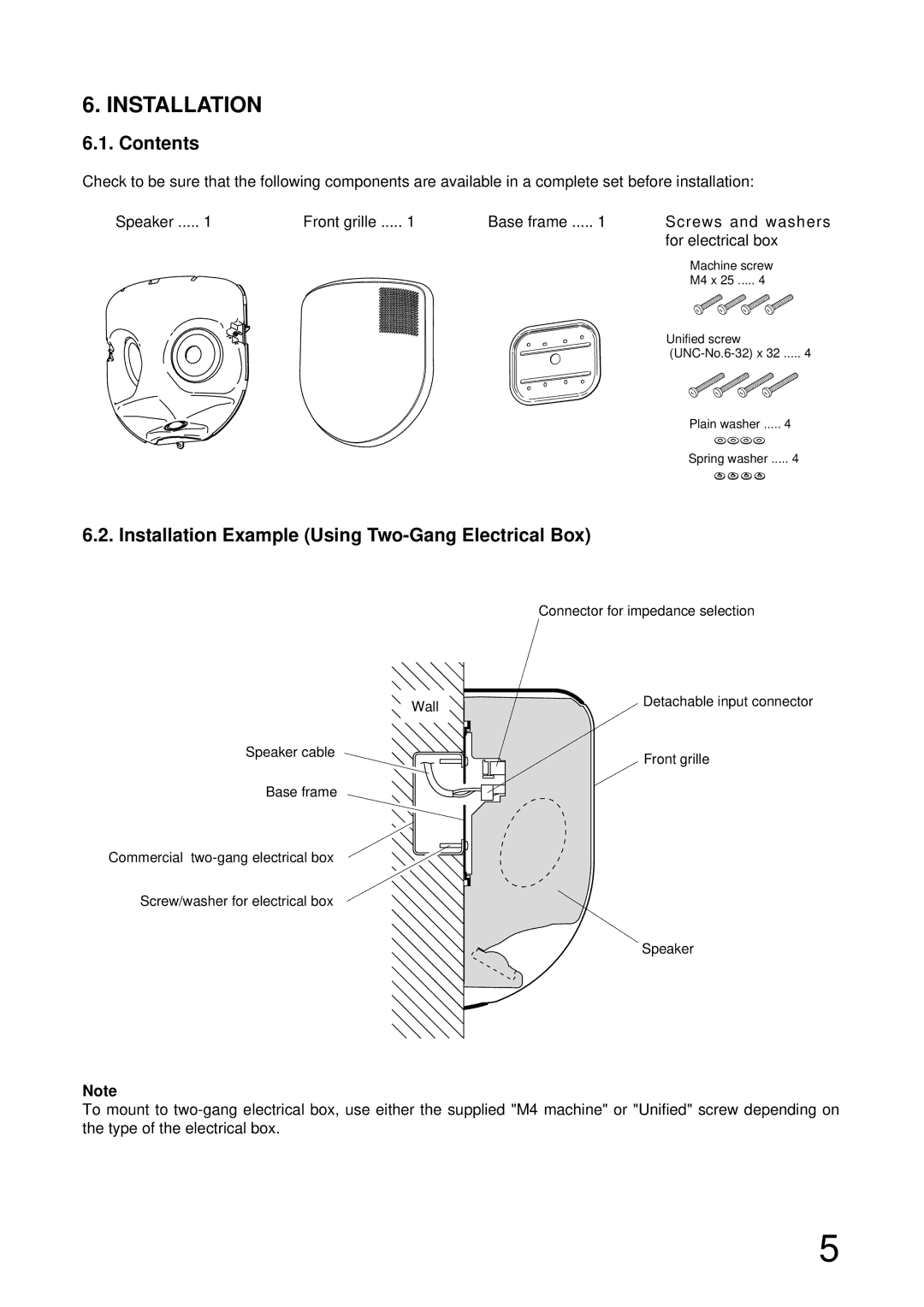 TOA Electronics H-3WP operating instructions Contents, Installation Example Using Two-Gang Electrical Box 