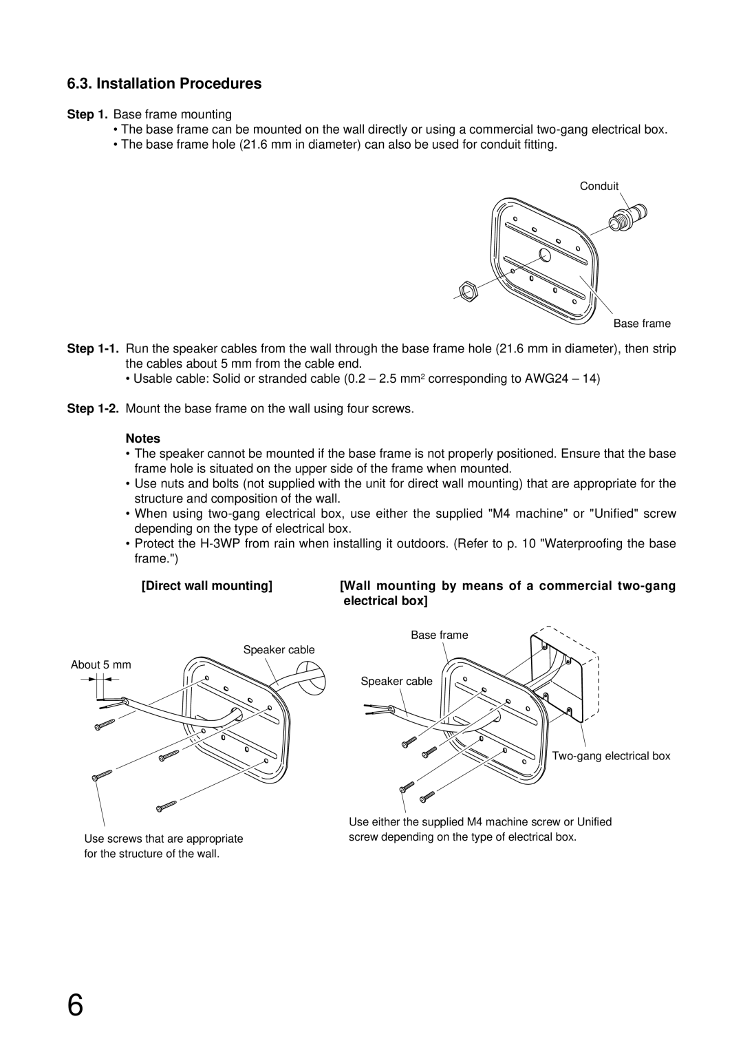 TOA Electronics H-3WP operating instructions Installation Procedures, Base frame Speaker cable Two-gang electrical box 