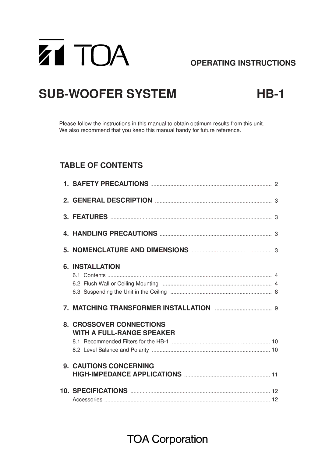 TOA Electronics HB-1 operating instructions Operating Instructions, Table of Contents 