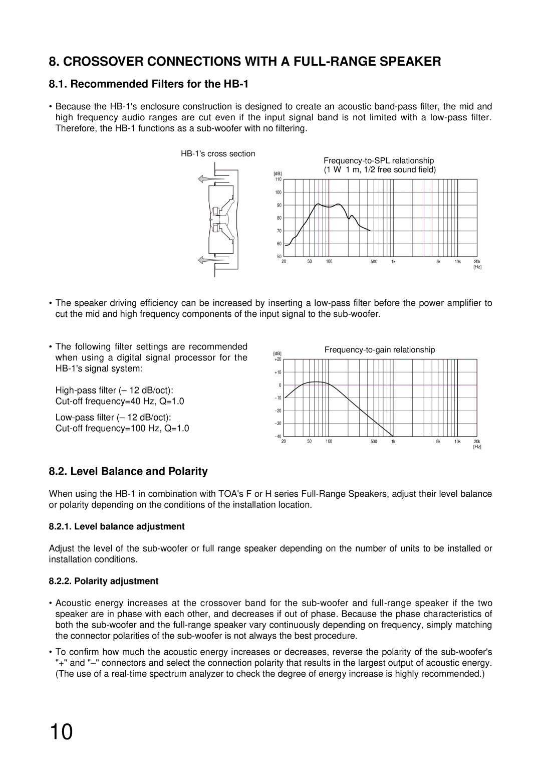 TOA Electronics Crossover Connections with a FULL-RANGE Speaker, Recommended Filters for the HB-1, Polarity adjustment 